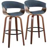 Vintage Mod 30" Swivel Bar Stool in Walnut Wood & Blue Fabric w/ Black Footrest (Set of 2)